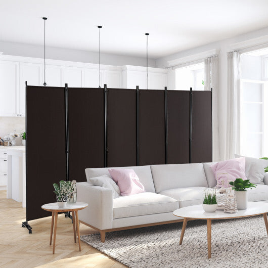 Costway 6 Panel 5.7 Feet Tall Rolling Room Divider on Wheels-Brown