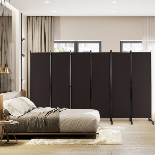 Costway 6 Panel 5.7 Feet Tall Rolling Room Divider on Wheels-Brown