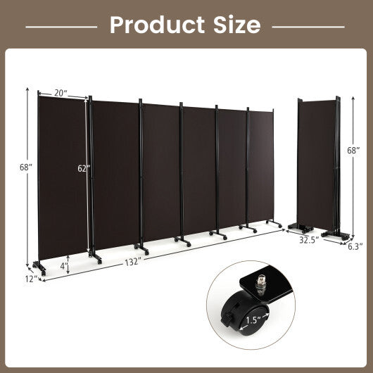 Costway 6 Panel 5.7 Feet Tall Rolling Room Divider on Wheels-Brown