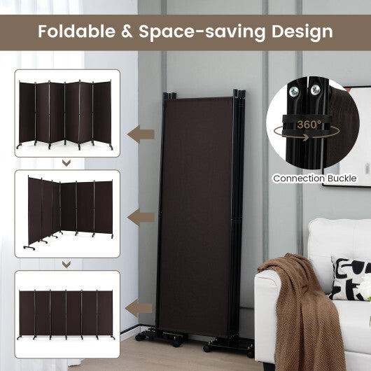 Costway 6 Panel 5.7 Feet Tall Rolling Room Divider on Wheels-Brown
