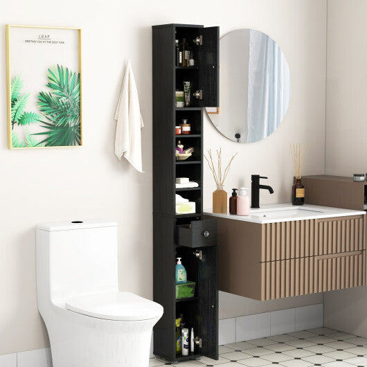Costway Freestanding Slim Bathroom Cabinet with Drawer and Adjustable Shelves-Black