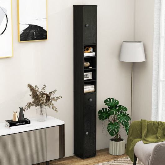 Costway Freestanding Slim Bathroom Cabinet with Drawer and Adjustable Shelves-Black