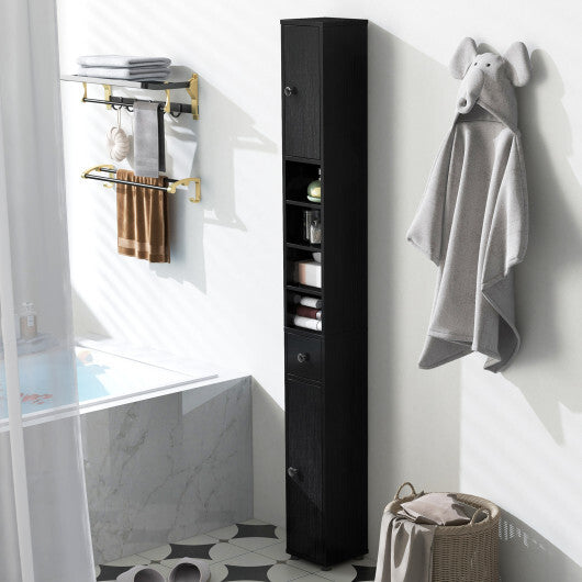 Costway Freestanding Slim Bathroom Cabinet with Drawer and Adjustable Shelves-Black
