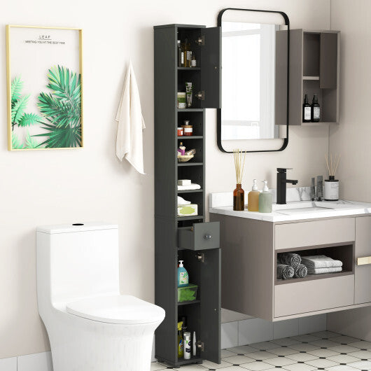 Costway Freestanding Slim Bathroom Cabinet with Drawer and Adjustable Shelves-Gray