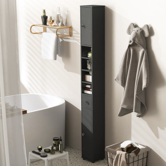 Costway Freestanding Slim Bathroom Cabinet with Drawer and Adjustable Shelves-Gray