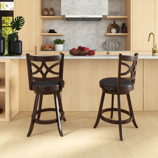 Costway Set of 2 Bar Chairs 360? Swivel with Leather Cushioned Seat and Rubber Wood Frame-24 inch
