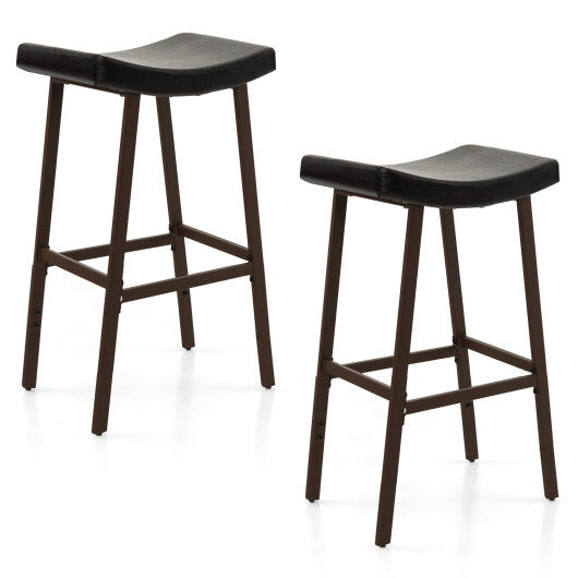 Costway Bar Stools Set of 2 with PU Leather Upholstered Saddle Seat and Footrest-Brown