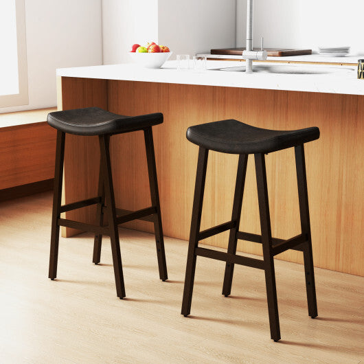 Costway Bar Stools Set of 2 with PU Leather Upholstered Saddle Seat and Footrest-Brown