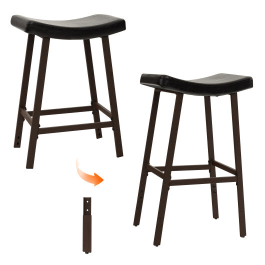 Costway Bar Stools Set of 2 with PU Leather Upholstered Saddle Seat and Footrest-Brown
