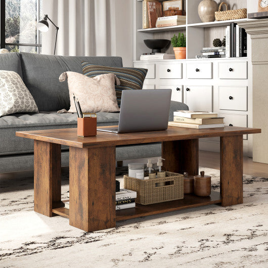 Costway Large 36/41 Inch 2-tier Wooden Modern Coffee Table with Storage Shelf-Coffee