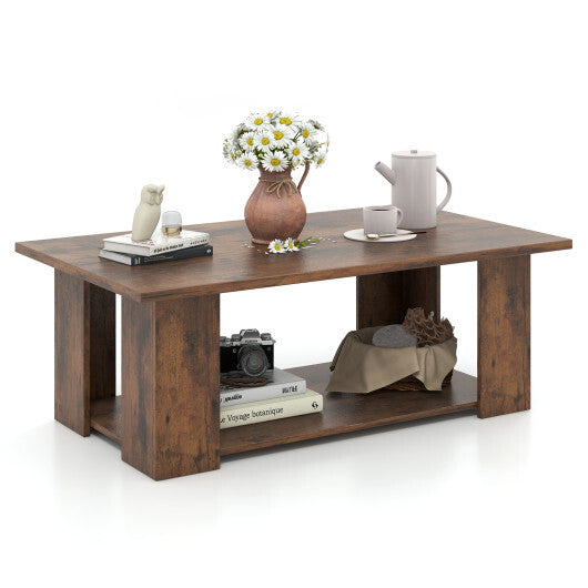 Costway Large 36/41 Inch 2-tier Wooden Modern Coffee Table with Storage Shelf-Coffee