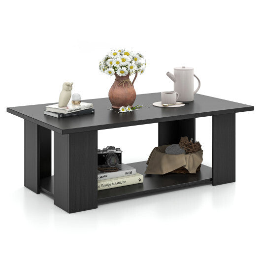 Costway Large 36/41 Inch 2-tier Wooden Modern Coffee Table with Storage Shelf-Black