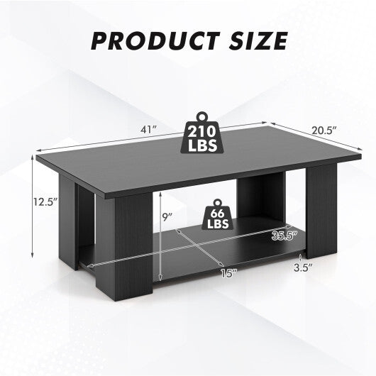 Costway Large 36/41 Inch 2-tier Wooden Modern Coffee Table with Storage Shelf-Black