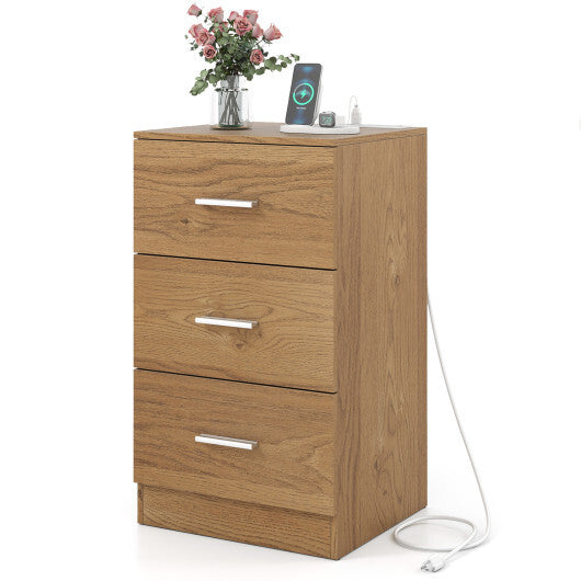 Costway Nightstand with Charging Station End Table with 3 Storage Drawers Bedside Table for Bedroom-Natural