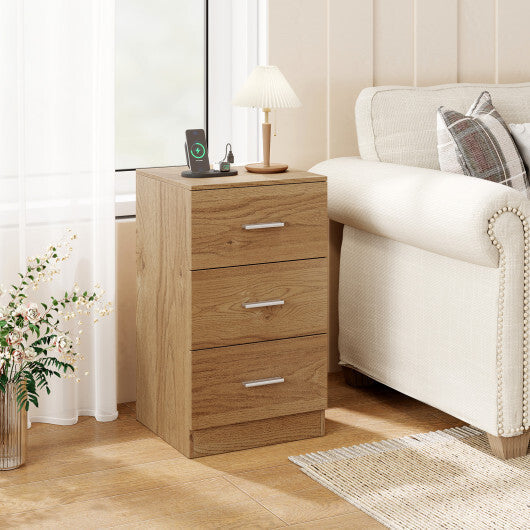 Costway Nightstand with Charging Station End Table with 3 Storage Drawers Bedside Table for Bedroom-Natural