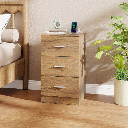 Costway Nightstand with Charging Station End Table with 3 Storage Drawers Bedside Table for Bedroom-Natural