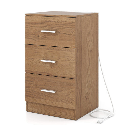 Costway Nightstand with Charging Station End Table with 3 Storage Drawers Bedside Table for Bedroom-Natural