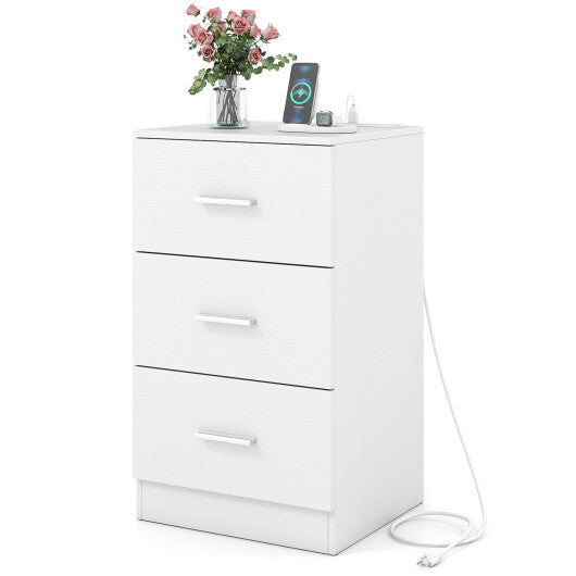 Costway Nightstand with Charging Station End Table with 3 Storage Drawers Bedside Table for Bedroom-White