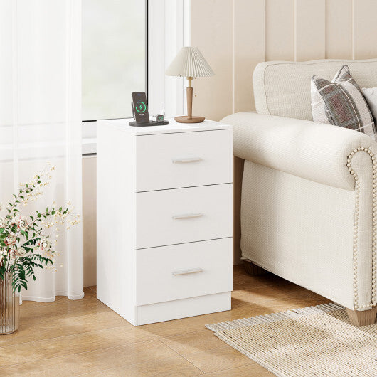 Costway Nightstand with Charging Station End Table with 3 Storage Drawers Bedside Table for Bedroom-White