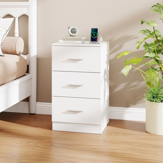 Costway Nightstand with Charging Station End Table with 3 Storage Drawers Bedside Table for Bedroom-White