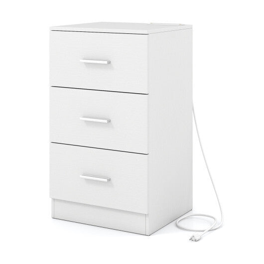 Costway Nightstand with Charging Station End Table with 3 Storage Drawers Bedside Table for Bedroom-White