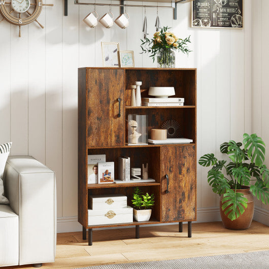 Costway 47 Inch Storage Cabinet Freestanding Bookcase with 2 Doors and 4 Open Shelves-Rustic Brown
