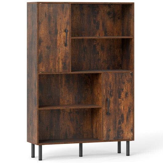 Costway 47 Inch Storage Cabinet Freestanding Bookcase with 2 Doors and 4 Open Shelves-Rustic Brown