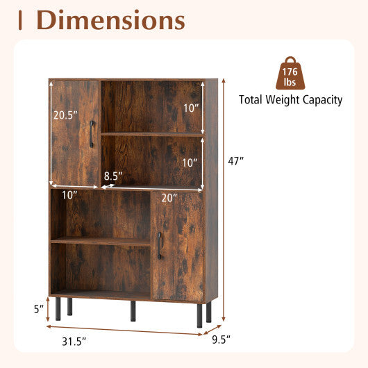 Costway 47 Inch Storage Cabinet Freestanding Bookcase with 2 Doors and 4 Open Shelves-Rustic Brown