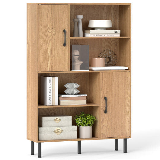 Costway 47 Inch Storage Cabinet Freestanding Bookcase with 2 Doors and 4 Open Shelves-Natural