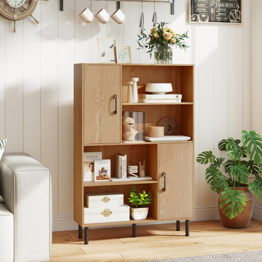 Costway 47 Inch Storage Cabinet Freestanding Bookcase with 2 Doors and 4 Open Shelves-Natural