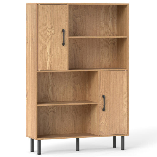 Costway 47 Inch Storage Cabinet Freestanding Bookcase with 2 Doors and 4 Open Shelves-Natural