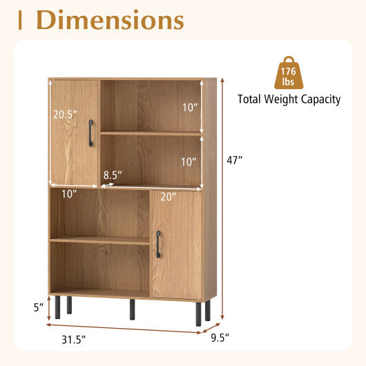 Costway 47 Inch Storage Cabinet Freestanding Bookcase with 2 Doors and 4 Open Shelves-Natural