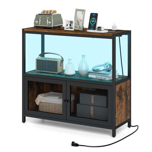 Costway Industrial Coffee Bar Cabinet with LED Lights and Charging Station-Rustic Brown