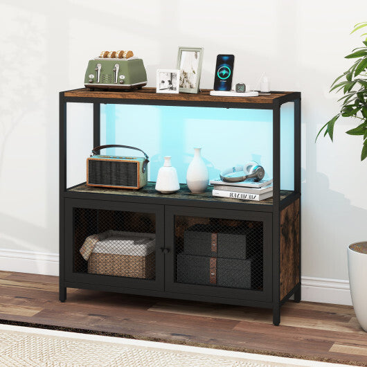 Costway Industrial Coffee Bar Cabinet with LED Lights and Charging Station-Rustic Brown
