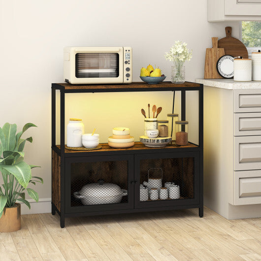 Costway Industrial Coffee Bar Cabinet with LED Lights and Charging Station-Rustic Brown
