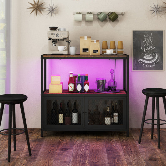 Costway Industrial Coffee Bar Cabinet with LED Lights and Charging Station-Rustic Brown