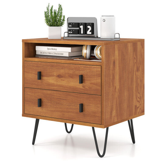 Costway Mid Century Modern 2-Drawer Nightstand with Storage Compartment-Walnut