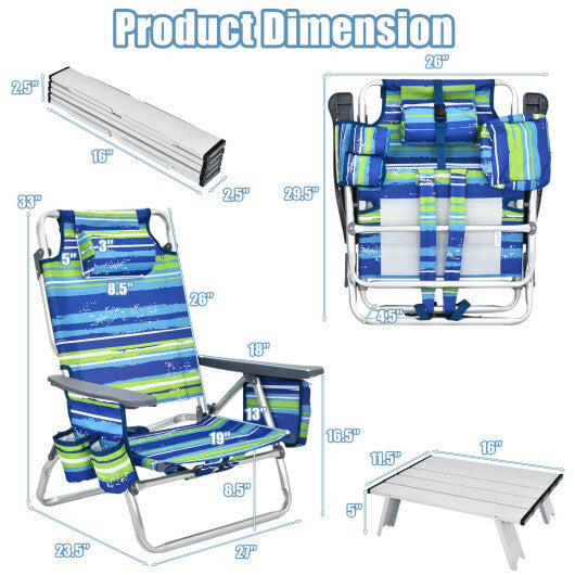 Costway 2 Packs 5-Position Outdoor Folding Backpack Beach Table Chair Reclining Chair Set-Blue