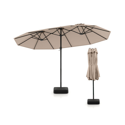 Costway 15 Feet Double-Sided Twin Patio Umbrella with Crank and Base-Brown