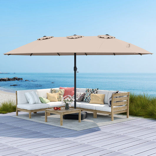 Costway 15 Feet Double-Sided Twin Patio Umbrella with Crank and Base-Brown
