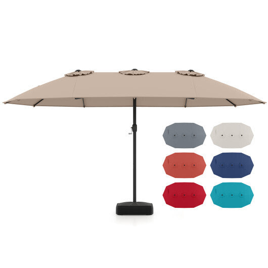 Costway 15 Feet Double-Sided Twin Patio Umbrella with Crank and Base-Brown