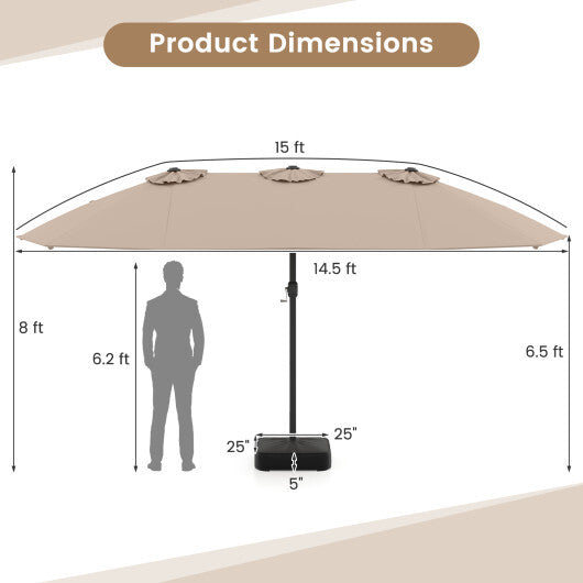 Costway 15 Feet Double-Sided Twin Patio Umbrella with Crank and Base-Brown