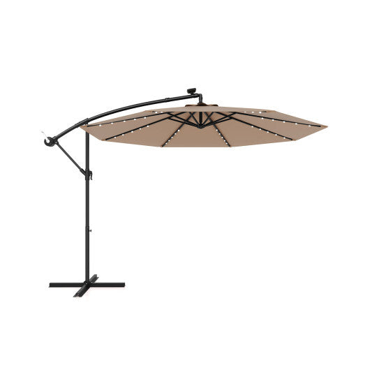 Costway 10 Feet Solar Offset Hanging Umbrella with 40 Lamp Beads and Solar Panel-Tan