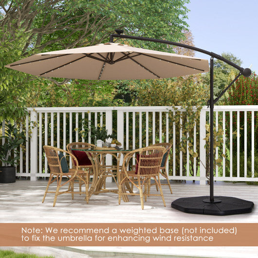 Costway 10 Feet Solar Offset Hanging Umbrella with 40 Lamp Beads and Solar Panel-Tan
