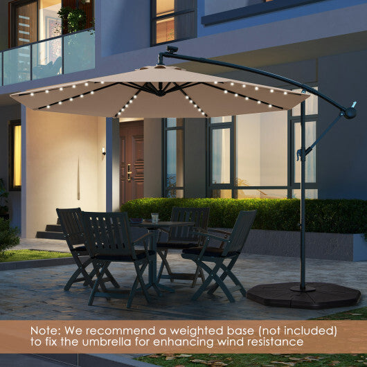 Costway 10 Feet Solar Offset Hanging Umbrella with 40 Lamp Beads and Solar Panel-Tan