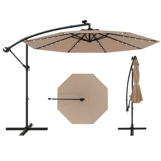 Costway 10 Feet Solar Offset Hanging Umbrella with 40 Lamp Beads and Solar Panel-Tan