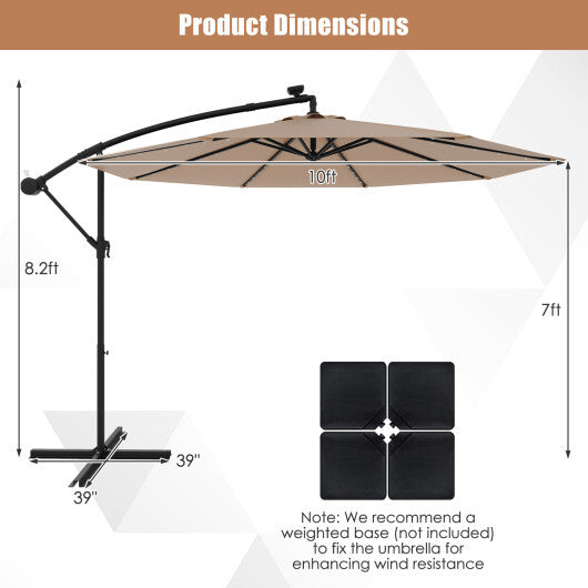 Costway 10 Feet Solar Offset Hanging Umbrella with 40 Lamp Beads and Solar Panel-Tan