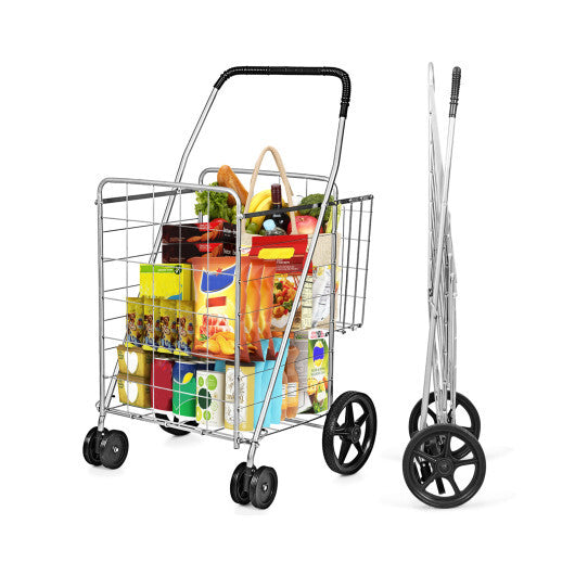 Costway Folding Shopping Cart for Laundry with Swiveling Wheels and Dual Storage Baskets-Sliver