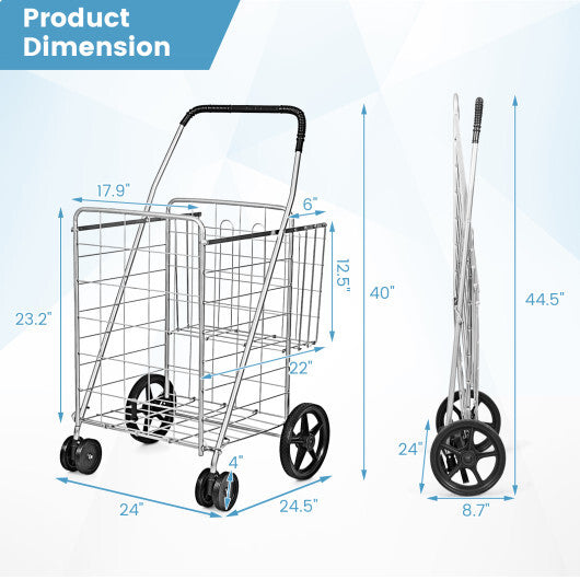 Costway Folding Shopping Cart for Laundry with Swiveling Wheels and Dual Storage Baskets-Sliver