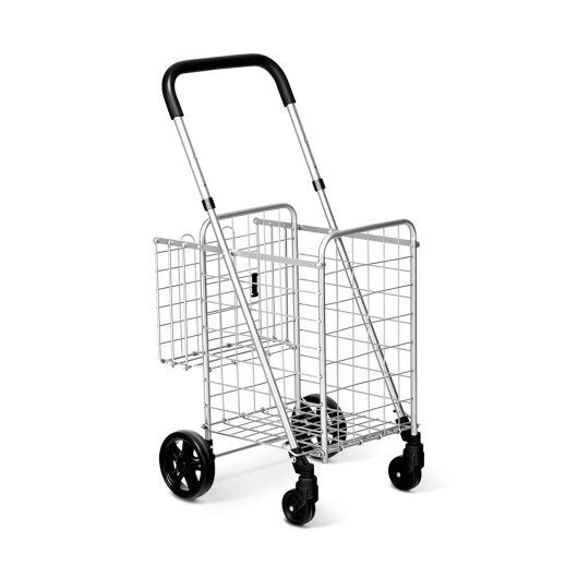 Costway Folding Shopping Cart Basket Rolling Trolley with Adjustable Handle-Silver